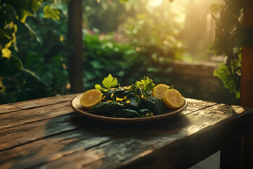Springtime stuffed grape leaves with fresh herbs and lemon