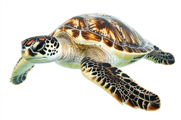 Isolated Hawksbill Turtle on a Pristine White Background, Showcasing Underwater Beauty and Aquatic Elegance