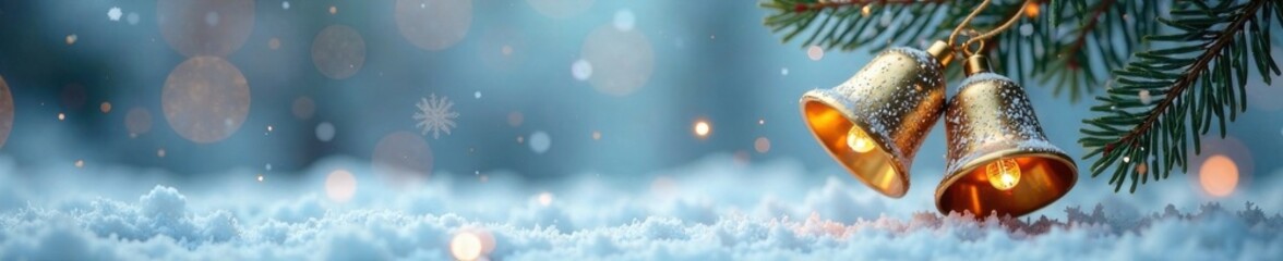 Snowflakes and gold bells suspended in mid-air amidst a frosty landscape on a plain background, bell, winter, holiday
