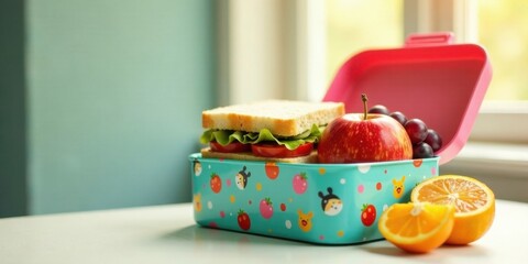 A delightful lunchbox filled with a fresh sandwich, vibrant fruit, and nutritious snacks, ready for a fun-filled day