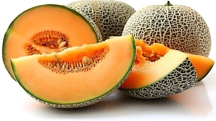 Juicy ripe cantaloupe cut open with seeds visible and fresh slices arranged clean white background