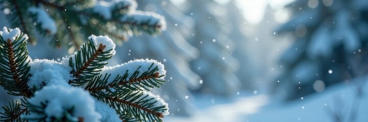 Snowflakes gently falling on frosty pine branches, frost, pine trees, frosty