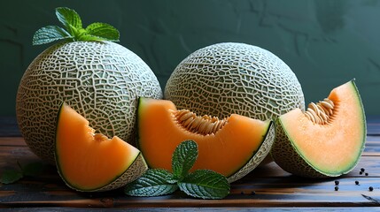 Whole and sliced cantaloupe in a high-resolution stock photo showcasing fruit freshness and ripeness