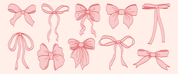 Pink vintage coquette ribbon bows set for digital scrapbooking, invitations, stationery, packaging, and fashion design. Elegant hand-drawn aesthetic for romantic and feminine creative projects.