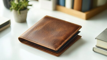 Brown leather wallet on a bright desk