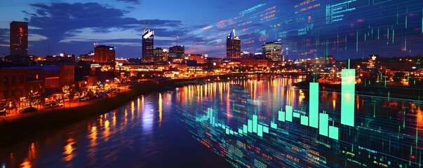 City skyline at night with financial data overlayed on screen