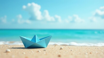 A small light blue origami boat rests on a sandy beach near a gentle ocean wave, under a sunny sky with fluffy white clouds.