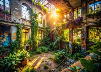 Fototapeta premium Abandoned Urban Building, Graffiti, Overgrown Nature, Sunlit Decay, Gezwitscher Atmosphere