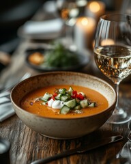 Refreshing bowl of chilled soup topped with fresh cucumbers and red peppers