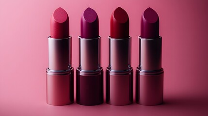 Fototapeta premium Four Different Shades of Lipstick Standing Against a Pink Background