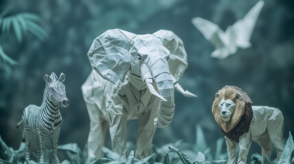 elephant, zebra, and lion made of origami paper