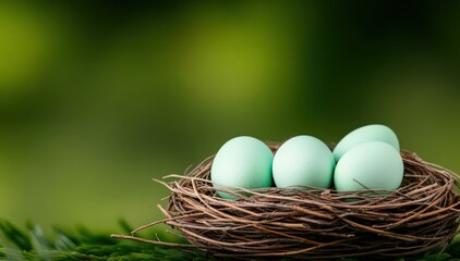 Obraz premium Pastel Green Eggs in a Bird s Nest on Green Grass Background Springtime Easter Nature