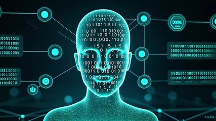 Futuristic digital representation of a human head with binary code and data connections in the background - Powered by Adobe