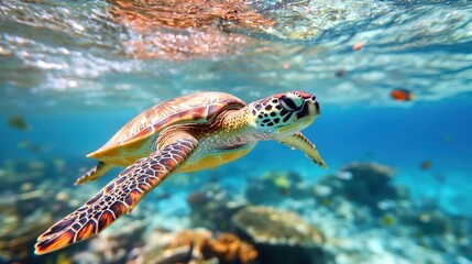 Underwater adventure sea turtle swimming in coral reefs ocean marine life photography tropical environment close-up view conservation concept