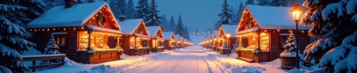 Snowy village scene with festive market stalls and twinkling lights, christmas, snowy, holiday