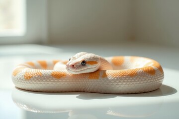 Fototapeta premium A pastel-colored snake rests on a smooth surface, basking in soft sunlight