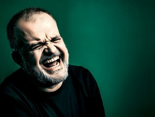 Obraz premium Portrait of a joyful middle-aged man with a beard, laughing heartily against a deep green background, expressing happiness and positivity in a studio setting. 