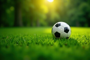 Obraz premium Soccer ball on lush green grass with sunlight filtering through, shadow, sports equipment, outdoor scene