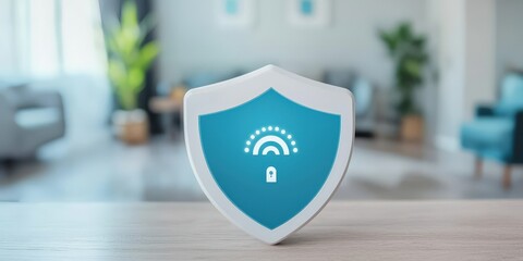 protect prevention policy concept. Digital shield symbolizing security in a modern interior setting.