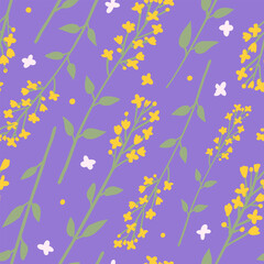 A seamless botanical pattern featuring yellow wildflowers with green stems and leaves on a soft purple background, perfect for textiles, wallpapers, and packaging.