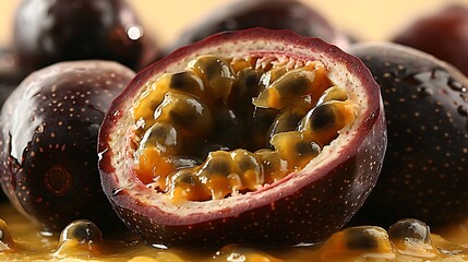 A halved passion fruit with its golden pulp and black seeds oozing onto a white background surrounded by whole passion fruits