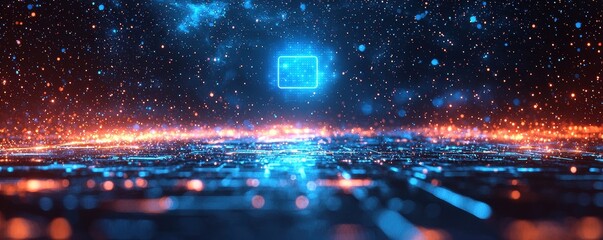 Futuristic Digital Grid with Glowing Blue Element and Neon Highlights