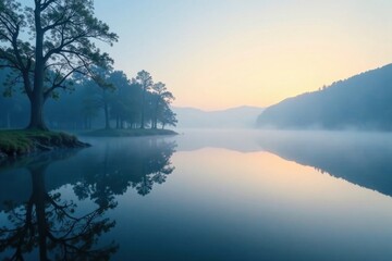 Soft blue mist rises from a tranquil lake at dawn, calm , morning, peaceful