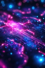 Abstract glowing circuitry pattern in purple and blue neon tones