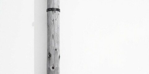 Monochromatic Study of a Wooden Post Against a Plain Wall Featuring a Subtle Shadow and a Simple Metal Band