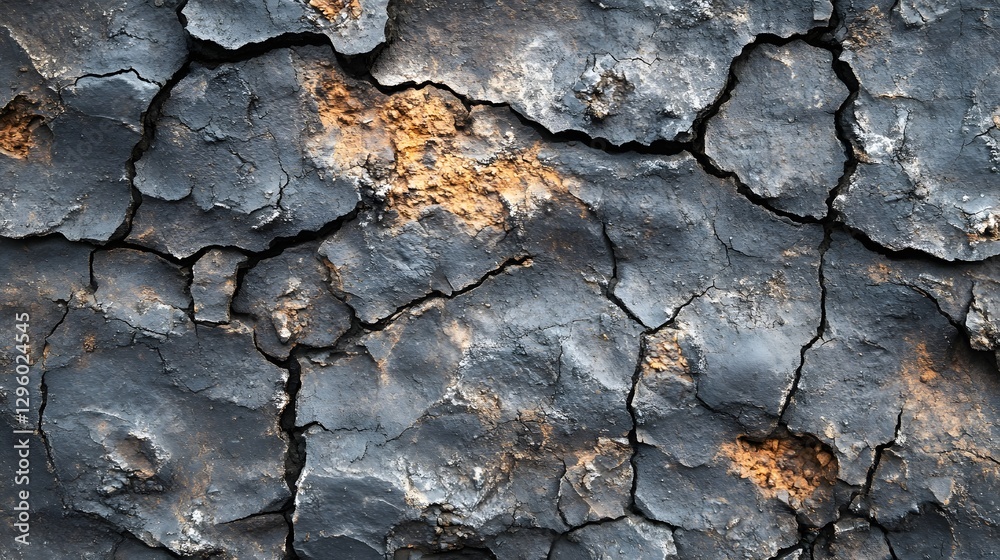 Poster close-up view of cracked earth, displaying texture and color variations. dark cracked earth texture: