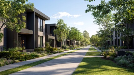 Naklejka premium Modern Residential Street View Featuring Multi-Family Homes in a Serene Green Environment