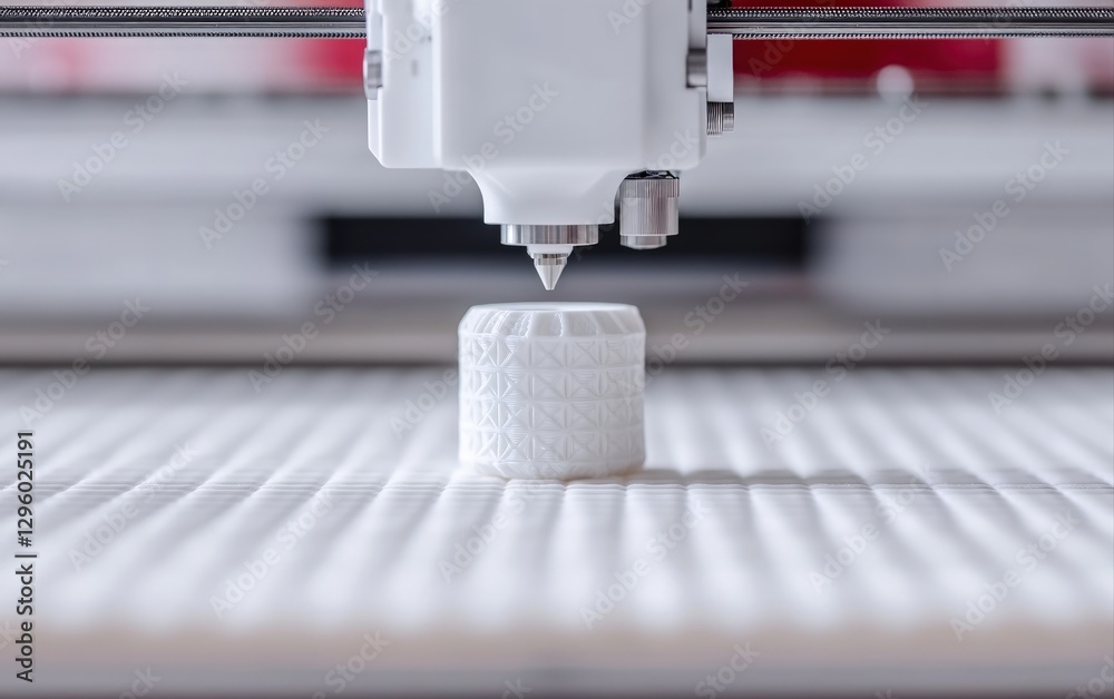 Poster 3D Printer Manufacturing a White Cylindrical Object High Resolution Close up Image of Modern Additive Manufacturing Technology