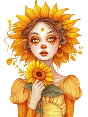 Charming Cartoon Sunflower: Whimsical Illustration of a Girl Embracing a Cheerful Flower
