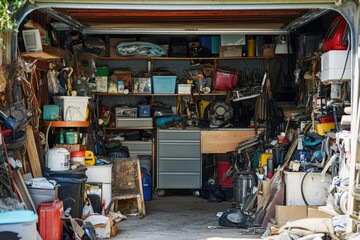 Cluttered Garage Space: Untidy Storage of Various Junk and Household Items in a Residential Setting
