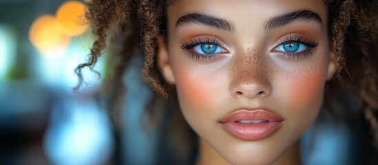 Close-up portrait of a woman with striking blue eyes and freckled skin.
