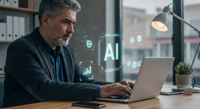 Businessman Exploring AI: A focused mature businessman sits at his desk, intently working on his laptop.  A futuristic AI interface hologram floats above his laptop. - Powered by Adobe