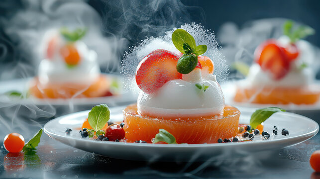 gourmet dish featuring 3D printed design with futuristic elements, crafted by robotic chefs, showcasing creative culinary presentation with vibrant colors and textures