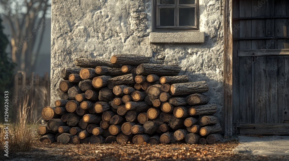 Aufkleber Log stacks lean against a weathered wall, capturing the warmth of late afternoon light. The scene exudes rustic charm, inviting the viewer into a serene countryside experience