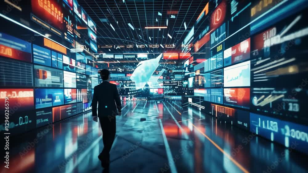Poster a person navigates a high-tech environment featuring numerous screens displaying dynamic data, creat