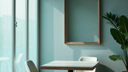 Serene Minimalist Interior Sunlight Illuminates a Simple Table and Chairs, Framed by a Pale Green Wall and Lush Greenery