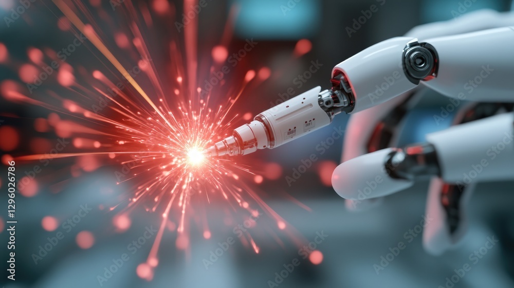 Aufkleber Futuristic robot character holding a sparkling star with a bright glow in a highly detailed sci-fi setting