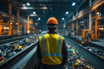 Rear view of young male worker in helmet, pollution mask, and reflective clothing observing waste falling from conveyor belt onto pile at facility.