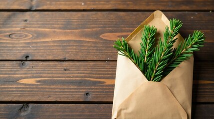 A rustic brown envelope holds fragrant evergreen sprigs, resting on a dark wood surface