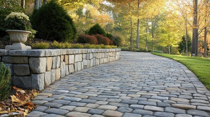 Elegant Stone Driveway with Pillared Seat Wall and Natural Coping in a Beautiful Front Yard Landscape