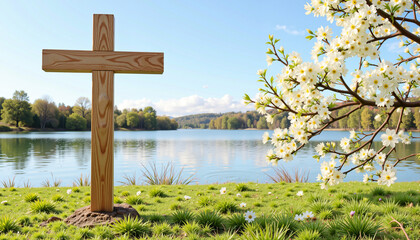 Wooden cross by tranquil lakeside amidst blossoms, Easter symbolism