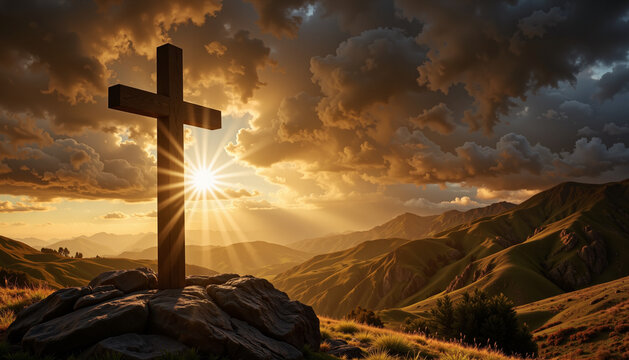 Golden cross illuminated by Ray of light breaking through darkness  over mountains, Easter symbolism