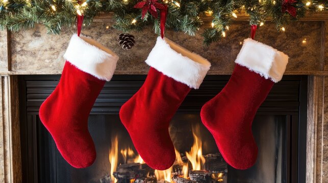 Festive Mantle Display: Three Bright Red Christmas Stockings Ready for Holiday Gifts