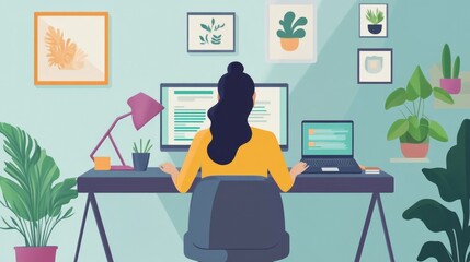 Freelance Life: Cartoon Woman in Home Office Setting, Embracing Remote Work and Effective Daily Planning