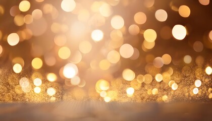Obraz premium Golden festive bokeh lights background. Sparkling colorful glowing and defocused bokeh confetti