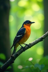 Solo bird perched on branch in forest clearing, wildlife, trees, greenery